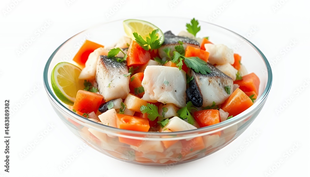 Peruvian Ceviche in Glass Bowl with Lime and Cilantro Isolated on White Background Fresh Fish and Sweet Potato