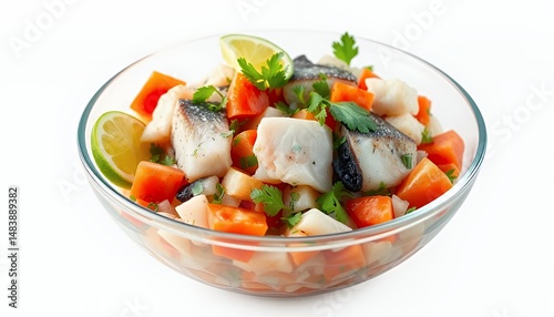Obraz na płótnie Peruvian Ceviche in Glass Bowl with Lime and Cilantro Isolated on White Background Fresh Fish and Sweet Potato w salonie