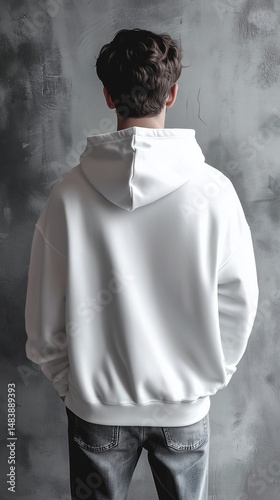 mockup white hoodie streetwear back man, clothing design fashion brand, blank space for print backprint logo, professional studio photography 