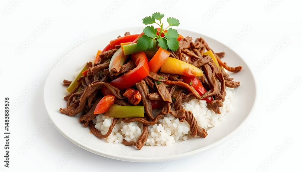 Plate of Beef Stir Fry with Colorful Bell Peppers and Rice Isolated on White Background a Culinary 3D Rendering