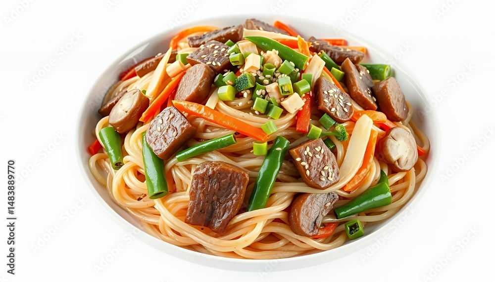 Realistic Yakisoba Isolated on White Background a 3D Rendered Japanese Stir Fried Noodle Dish with Vibrant Vegetables and Tender Meat Perfect for Culinary Presentations