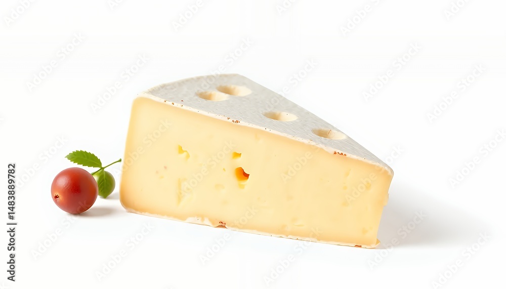 Reblochon Cheese Wedge from France Detailed 3D Render Isolated on White Background Displaying Light Yellow Hue and Natural Rind Accompanied by Red Berry and Green Leaf
