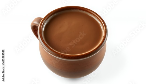 Realistic 3D Render of Mexican Champurrado Isolated on White Background Featuring Brown Clay Mug Filled with Rich Chocolate Beverage