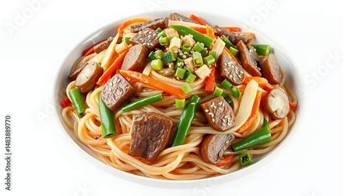 Realistic Yakisoba Isolated on White Background a 3D Rendered Japanese Stir Fried Noodle Dish with Vibrant Vegetables and Tender Meat Perfect for Culinary Presentations