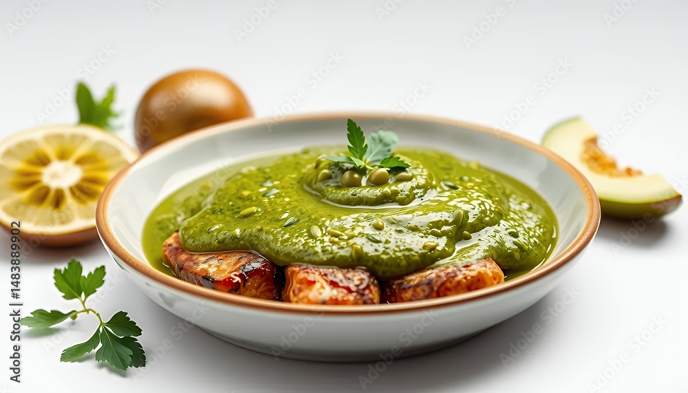 Saag Paneer Dish Featuring Spinach Cheese and Garnish Lemon and Melon on White Screen Background Isolated Culinary Composition 3D Rendered Delicious Meal