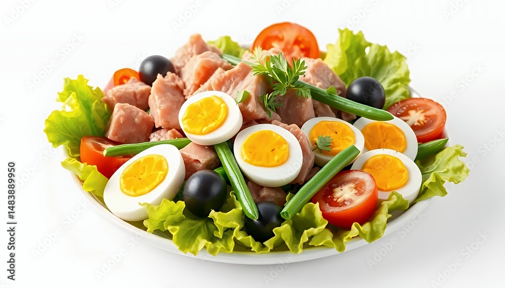 Salade Ni?oise 3D Render with Tuna Eggs and Vegetables Isolated on White Screen Background