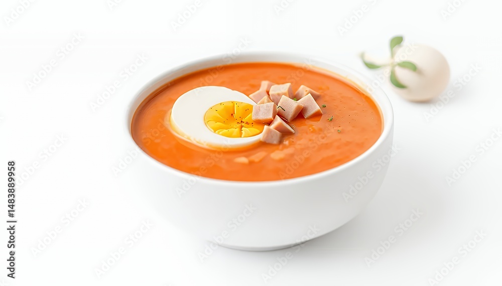 Salmorejo Cordobes Spanish Cold Soup with Egg and Iberian Ham Isolated on White