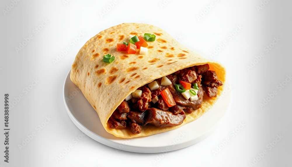 Savory Jianbing Chinese Street Food 3D Render on White Background Featuring Crispy Crepe Meat and Vegetables
