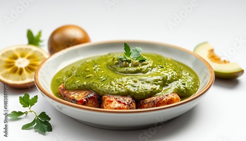 Obraz na płótnie Saag Paneer Dish Featuring Spinach Cheese and Garnish Lemon and Melon on White Screen Background Isolated Culinary Composition 3D Rendered Delicious Meal w salonie