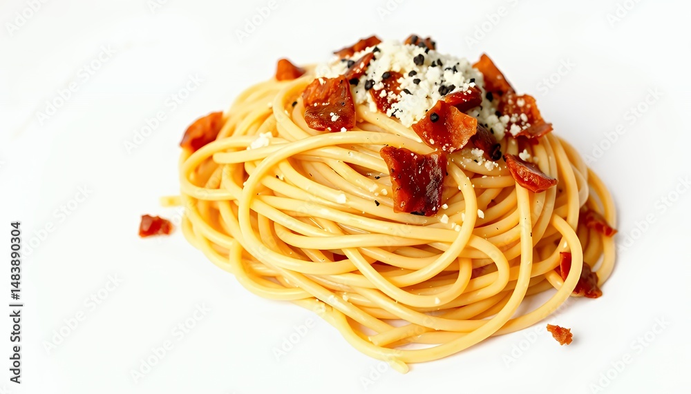 Spaghetti alla Carbonara Pasta on White Screen Background 3D Render Featuring Italian Cuisine Delicious Meal with Bacon and Cheese Isolated Perfect For Decoration Menu Design Culinary Projects