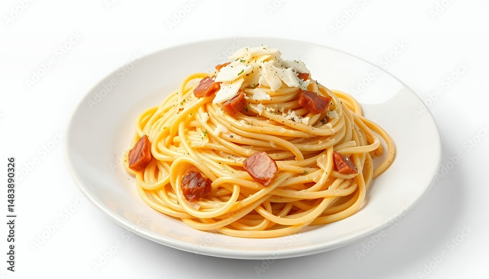 Spaghetti Alla Carbonara on White Plate Isolated with Creamy Sauce in 3D Render Model Classic Italian Cuisine Perfect for Recipe Food Blogs and Culinary Promotion