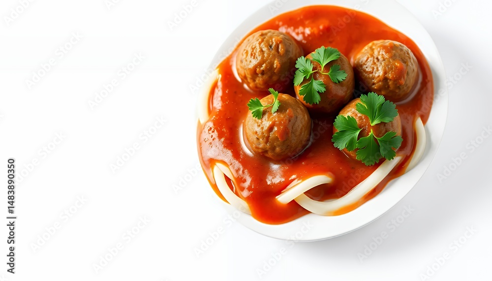 Spanish Albondigas Meatballs in Rich Tomato Sauce on Noodles Isolated on White Background Delicious 3D Render