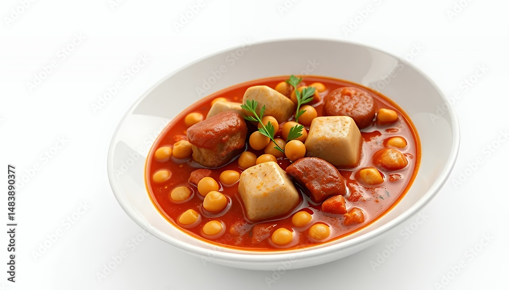 Spanish Cocido Madrile?o Stew in White Bowl on Isolated White Background A 3D Rendered Food Presentation