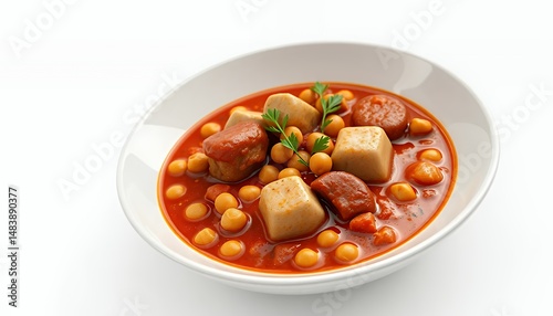 Spanish Cocido Madrile?o Stew in White Bowl on Isolated White Background A 3D Rendered Food Presentation