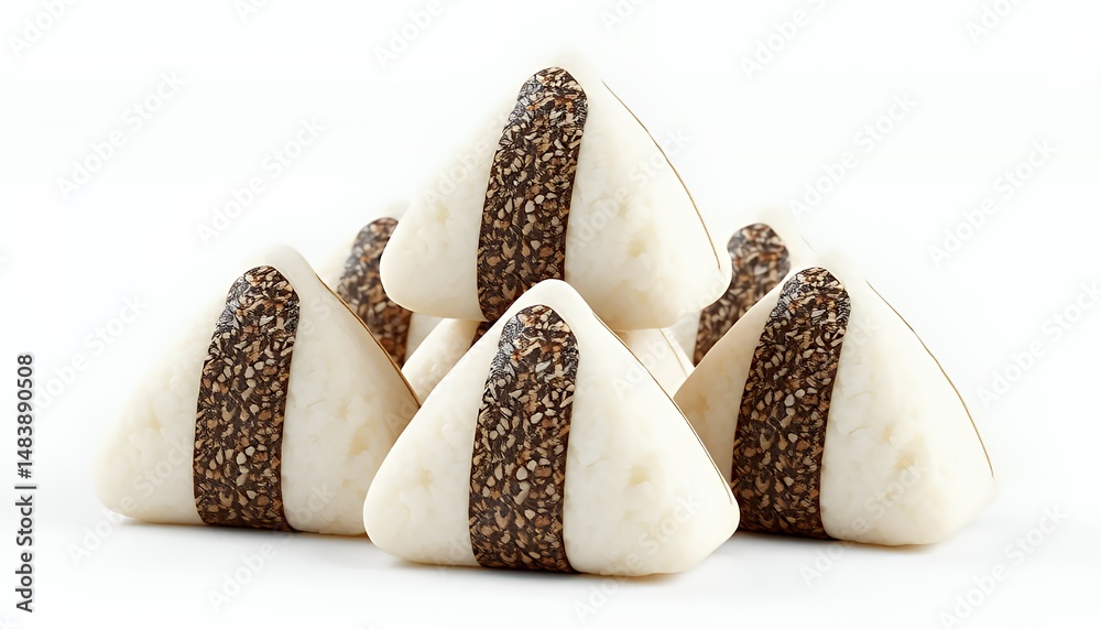 Stack of White Japanese Onigiri Rice Balls Isolated on White Screen Background Wrapped in Nori Seaweed and Sesame Seeds a 3D Render Model