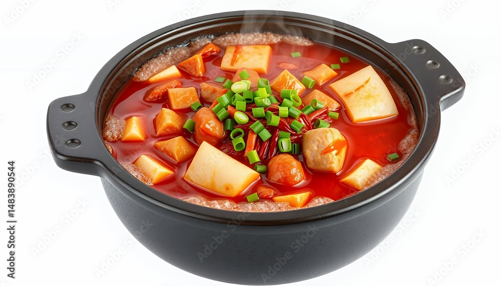 Steaming Mala Xiang Guo in Black Bowl Isolated on White Screen Background A Vibrant 3D Render
