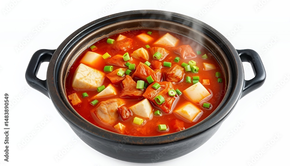 Steaming Mapo Tofu in Black Bowl Isolated on White Background Featuring Tofu Cubes Minced Meat in a Spicy Savory Sauce and Topped with Green Onions Perfect For Chinese New Year Celebration