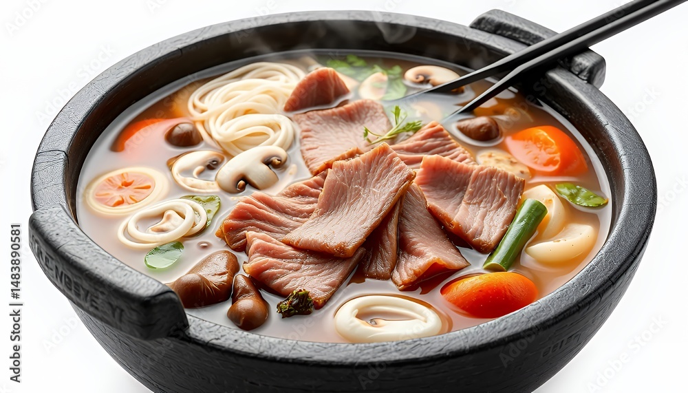 Steaming Shabu Shabu Hot Pot with Meat and Vegetables 3d Render Isolated
