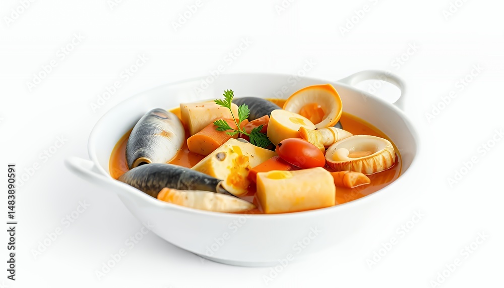 Studio Shot of Selat Solo Javanese Dish with Beef Steak and Vegetables in White Bowl Isolated on White Background
