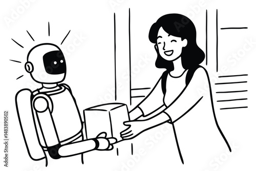 Minimal line art illustration of robot delivering package to happy woman, futuristic delivery service concept