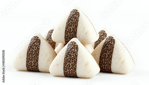 Obraz na płótnie Stack of White Japanese Onigiri Rice Balls Isolated on White Screen Background Wrapped in Nori Seaweed and Sesame Seeds a 3D Render Model w salonie