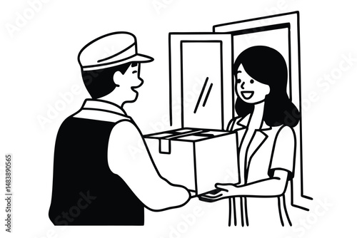 Minimal line art illustration of a delivery man handing a package to woman, simple and modern vector drawing