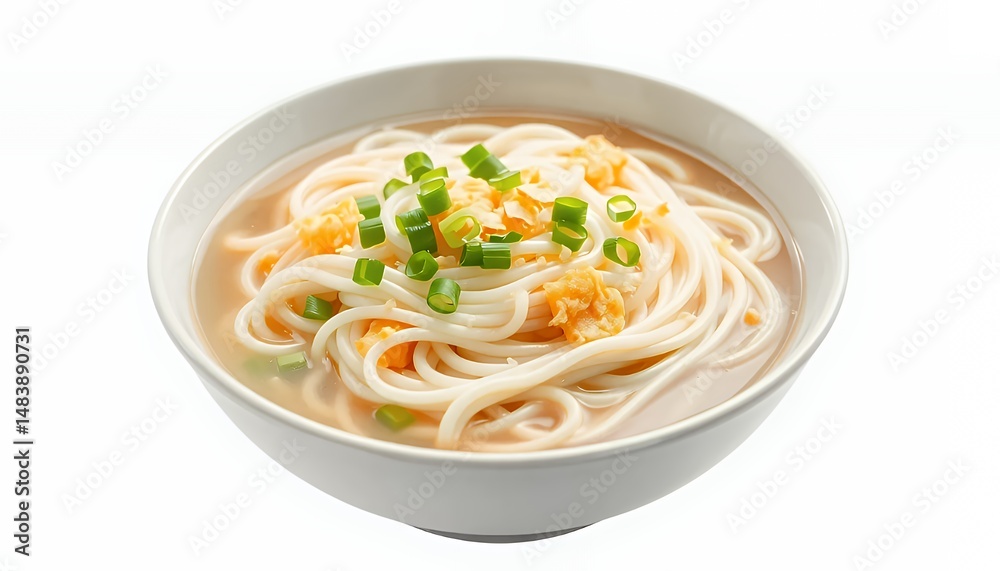 Taiwanese Misua Noodle Soup with Garlic and Scallions on White Background
