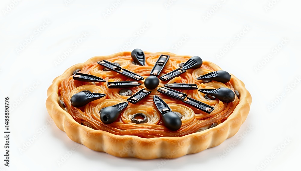 Tarte au Sucre Isolated on White Background Featuring Intricate Black Licorice Decorations Elegant French Pastry and Warm Caramel Filling 3D Render