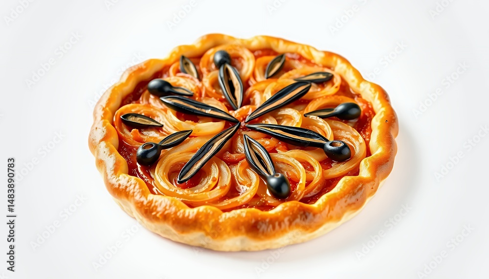 Tarte ? l'oignon a Golden French Onion Tart Isolated on White Screen Displaying Caramelized Onions Black Olives and Crispy Crust Perfect for Culinary Projects and French Cuisine Celebrations