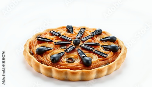 Obraz na płótnie Tarte au Sucre Isolated on White Background Featuring Intricate Black Licorice Decorations Elegant French Pastry and Warm Caramel Filling 3D Render w salonie