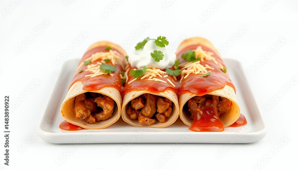Three Enchiladas Drizzled with Red Sauce and Sprinkled with Cheese Cilantro and Sour Cream Isolated on White Screen Background