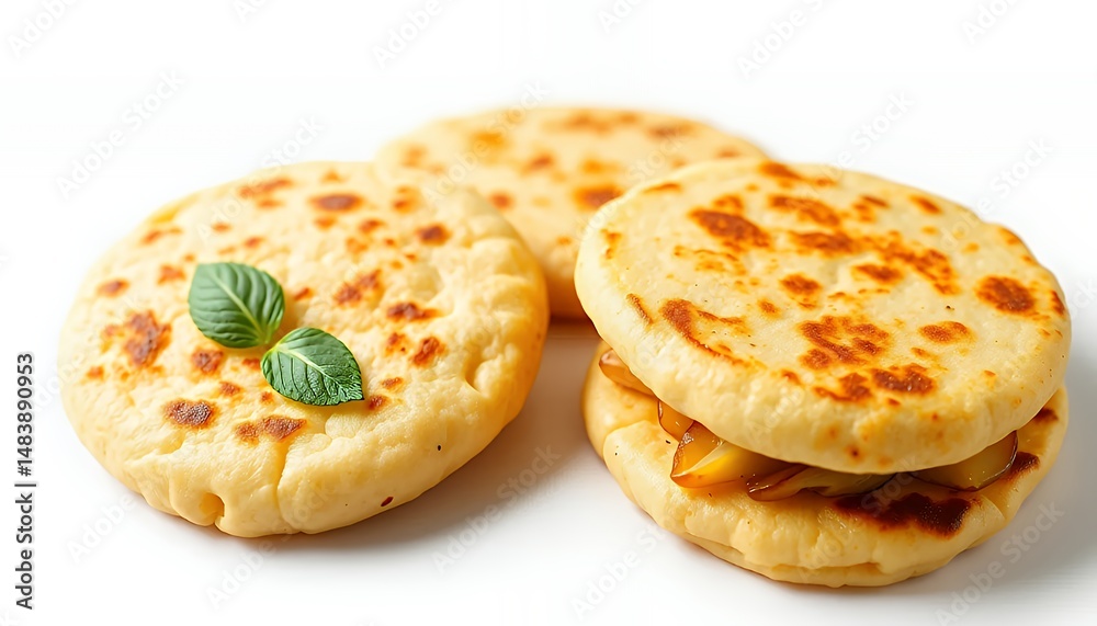 Three Golden Arepas Isolated on White Screen Background Featuring Colombian Cuisine