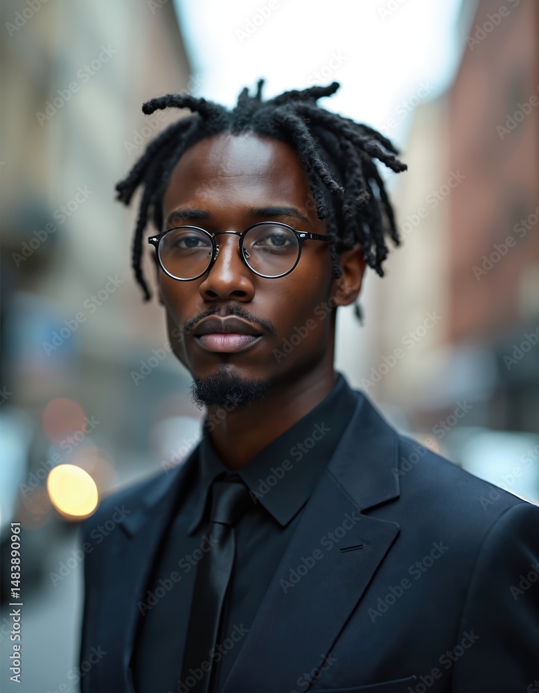 Fototapeta premium Portrait young Black man wearing glasses, black suit in urban city environment. Serious face expression, dreadlocks hairstyle. Business profile, fashion, formal attire. Ideal for commercial use,