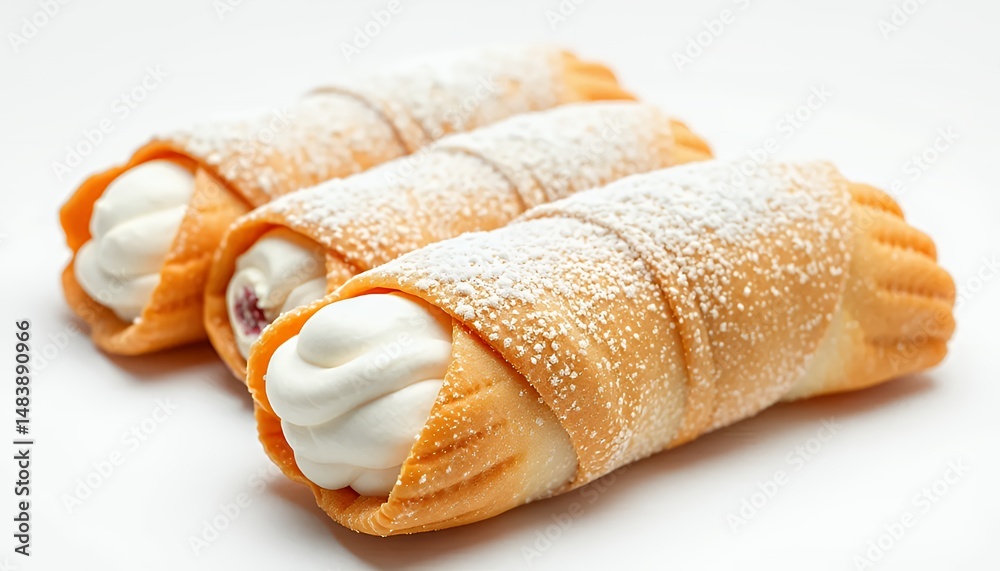 Three Golden Brown Crispy Cannoli with White Cream Filling Dusted with Powdered Sugar Isolated on White Background