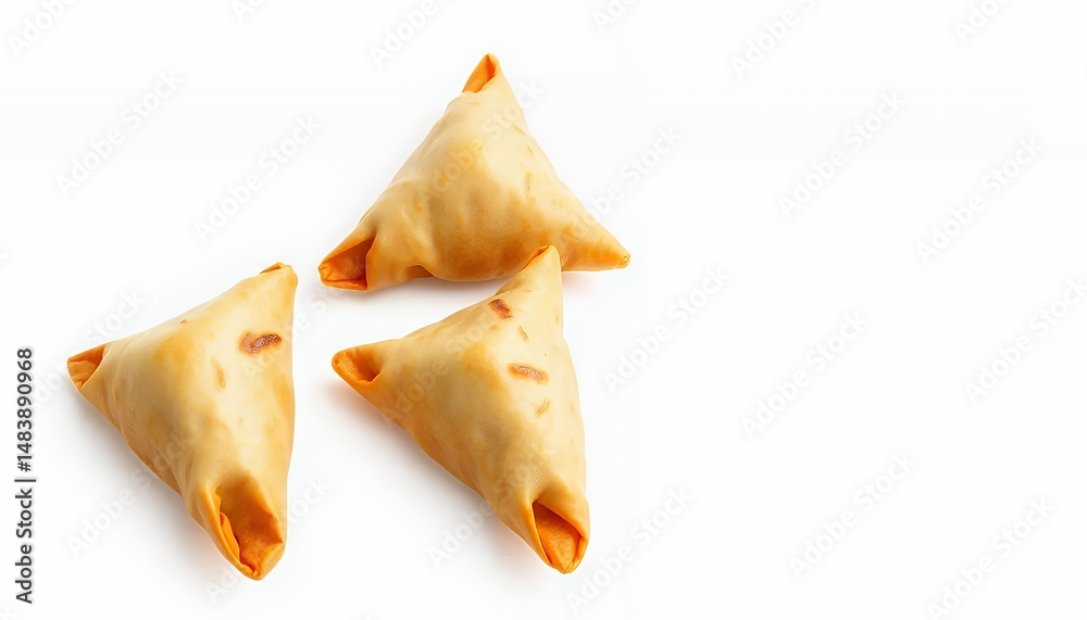 Three Golden Brown Indian Samosas Isolated on White Background Perfect for Decoration or Culinary-Themed Projects Showcasing International Cuisine in Three Dimensional View