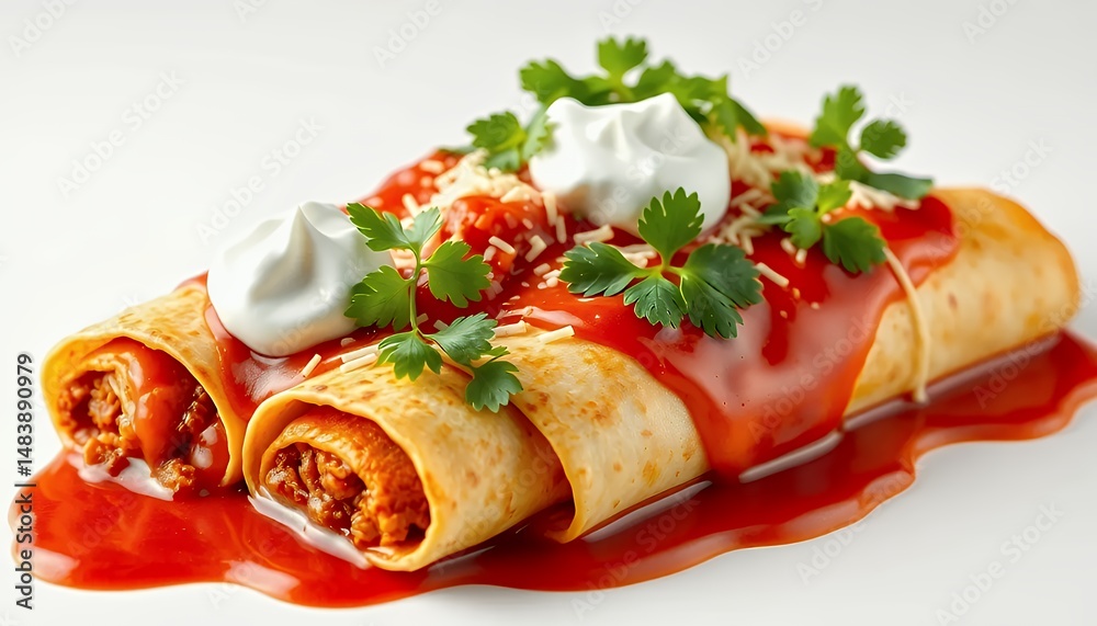 Three Golden Enchiladas Topped with Red Sauce Sour Cream and Cilantro Isolated on White Background