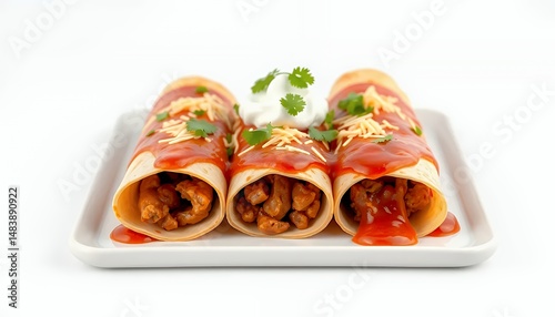 Three Enchiladas Drizzled with Red Sauce and Sprinkled with Cheese Cilantro and Sour Cream Isolated on White Screen Background
