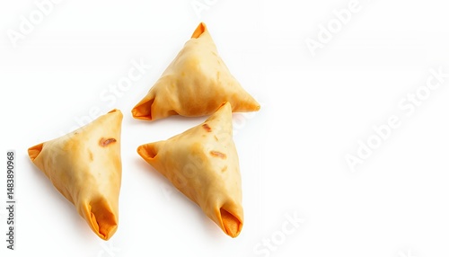 Obraz na płótnie Three Golden Brown Indian Samosas Isolated on White Background Perfect for Decoration or Culinary-Themed Projects Showcasing International Cuisine in Three Dimensional View w salonie