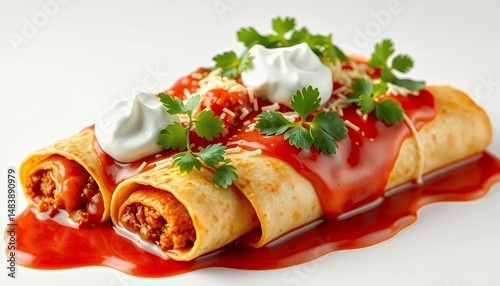 Obraz na płótnie Three Golden Enchiladas Topped with Red Sauce Sour Cream and Cilantro Isolated on White Background w salonie