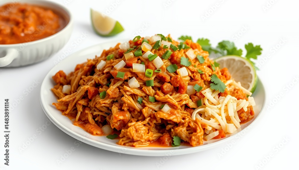 Tinga De Pollo 3D Render Featuring Shredded Chicken Simmered in Chipotle Tomato Sauce Garnished with Cilantro and Cheese Isolated on White