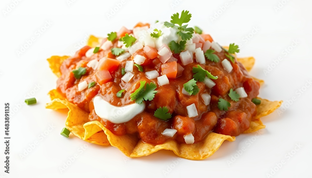 Tostada Compuesta 3D Render Featuring Tomato Sauce Onion and Cilantro Isolated on White Background