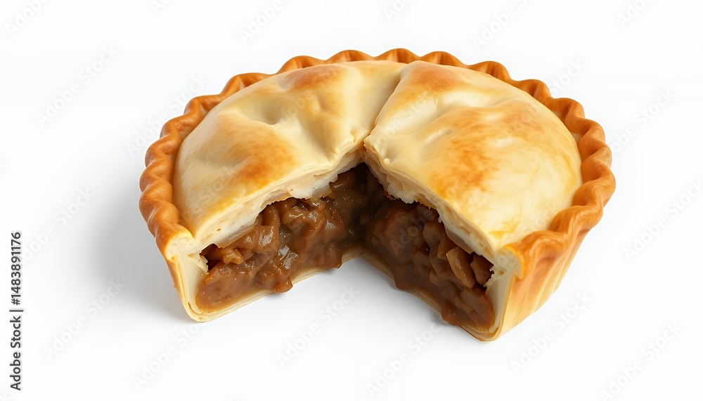 Tourti?re French Canadian Meat Pie Isolated on White Backdrop in 3D Render Style Rich Savory Filling Golden Brown Crust and Clean Presentation Perfect for Culinary Themes