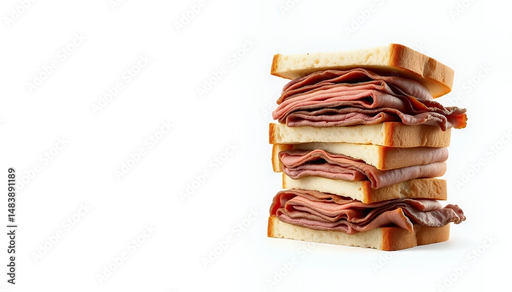 Towering Stack of American Roast Beef Sandwiches on White Background