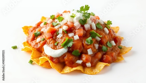 Obraz na płótnie Tostada Compuesta 3D Render Featuring Tomato Sauce Onion and Cilantro Isolated on White Background w salonie