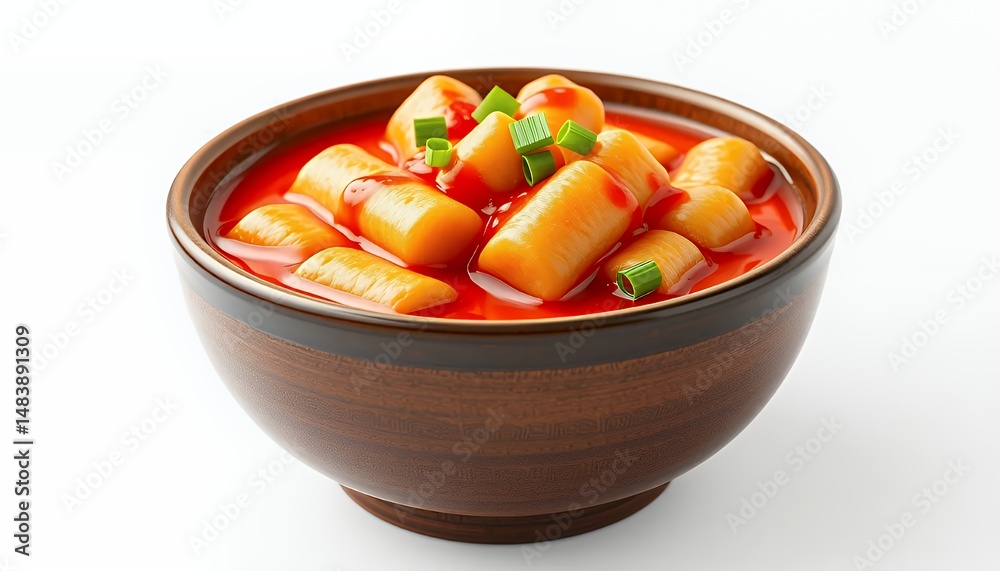Tteokbokki Korean Spicy Rice Cakes with Gochujang Sauce and Green Onions in Bowl Isolated on White Background 3D Render