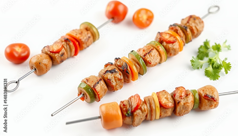 Turkish Sis Kebap featuring Grilled Meat and Vegetables on White Screen Background