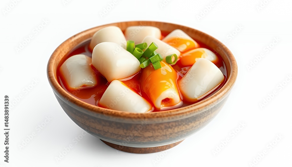 Tteokbokki Korean Spicy Rice Cakes in Wooden Bowl Isolated on White Background a 3D Rendered Culinary Presentation