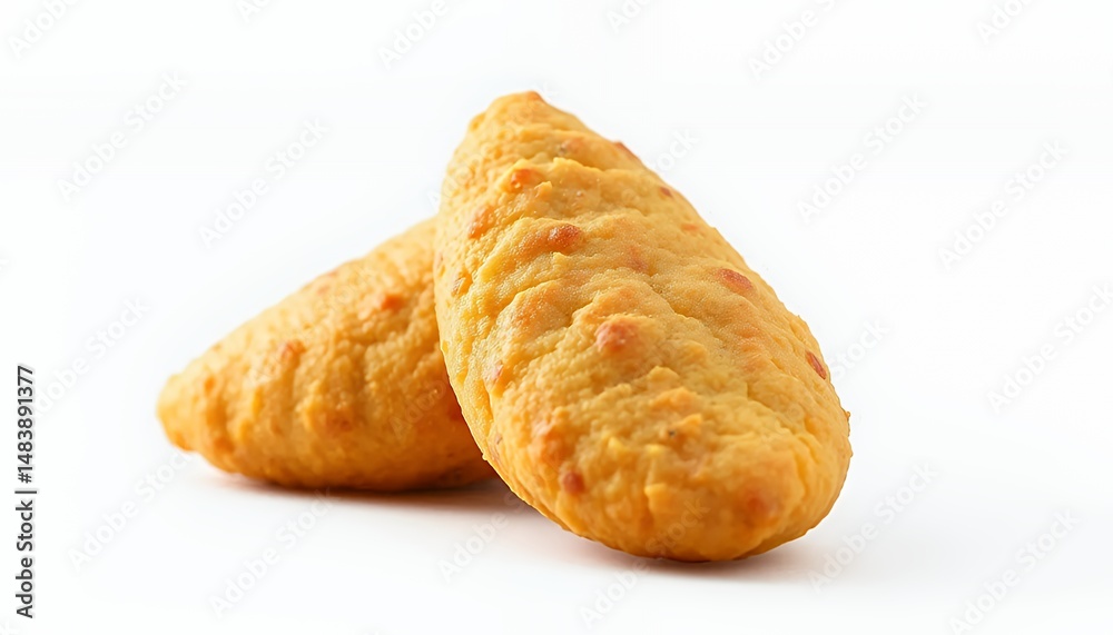 Two Golden Brown Coxinhas Brazilian Snack Isolated on White Screen Background in Detailed 3D Render Perfect for Food Blogs and Menus Capturing Savory Appeal