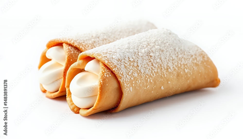 Two Golden Brown Cannoli Shells Filled with Sweet Ricotta Cream Dusted with Powdered Sugar Isolated on White Background