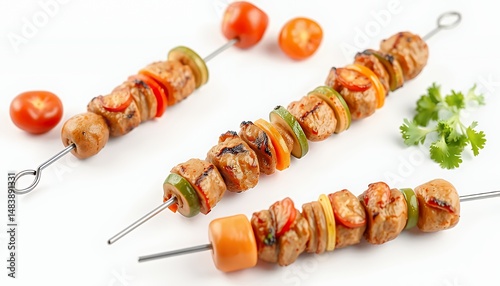 Turkish Sis Kebap featuring Grilled Meat and Vegetables on White Screen Background